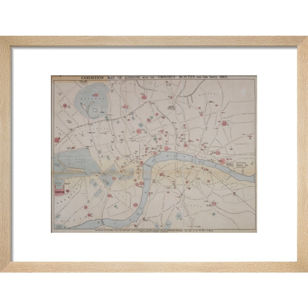 1862 map of London with bus and cab routes print in natural frame