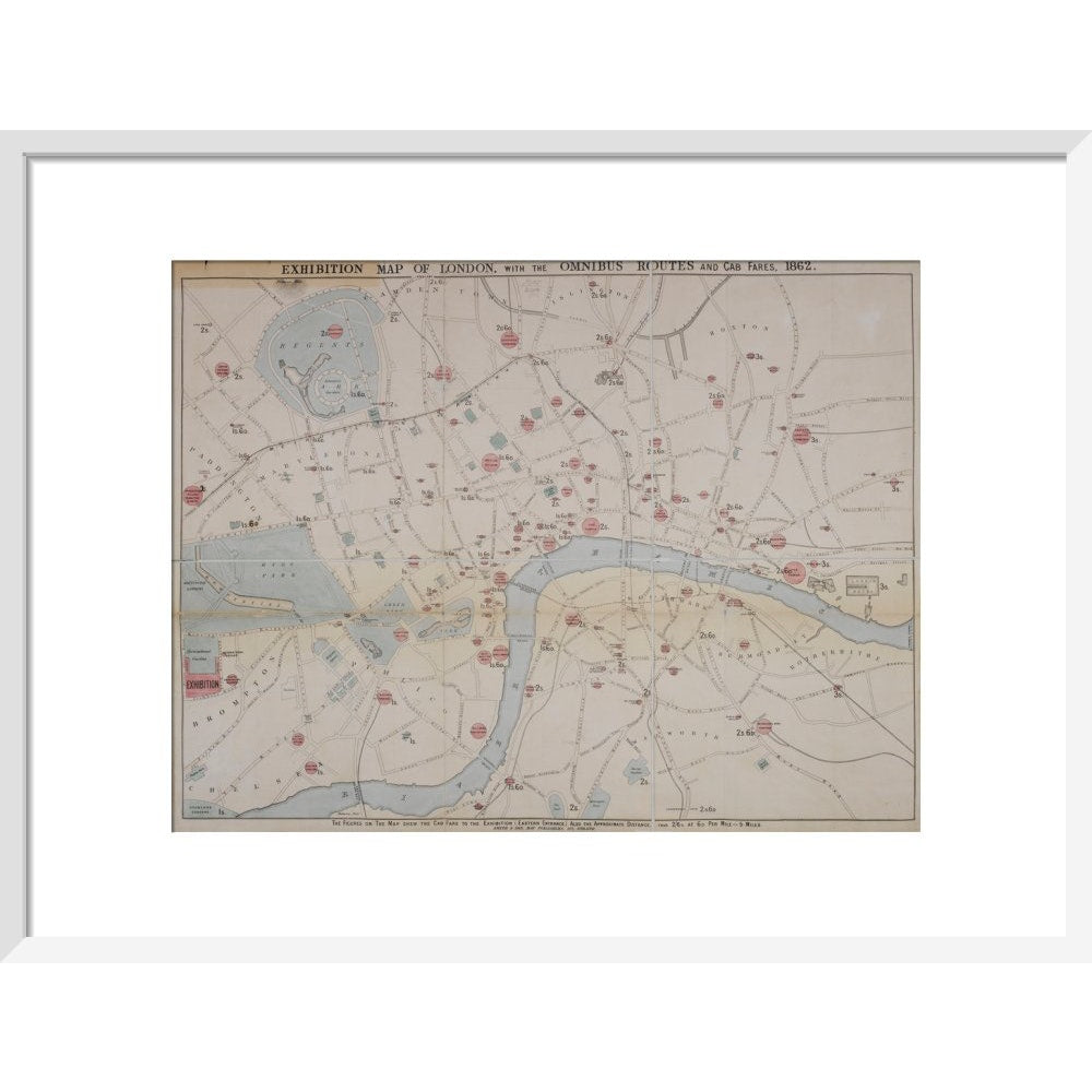 1862 map of London with bus and cab routes print in white frame