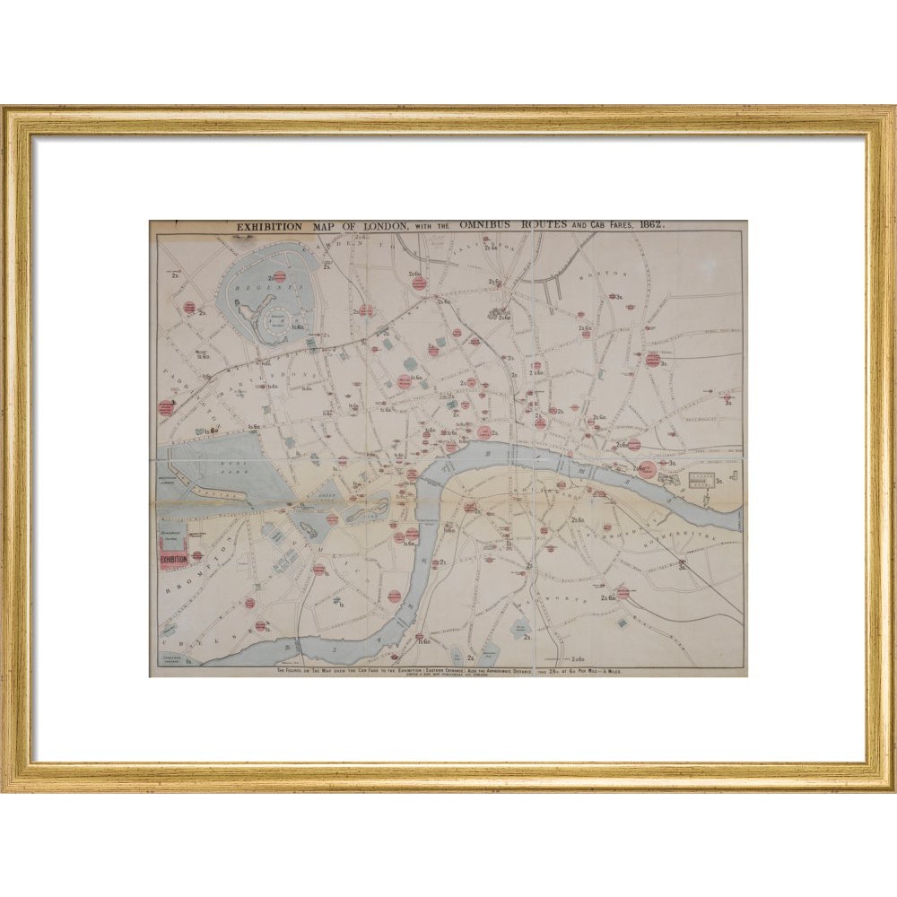1862 map of London with bus and cab routes print in gold frame