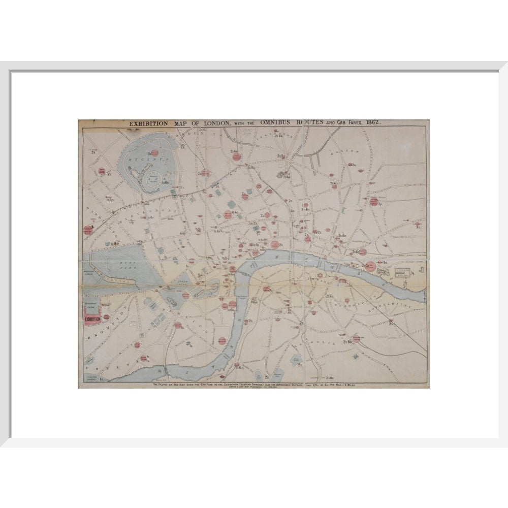 1862 map of London with bus and cab routes print in white frame