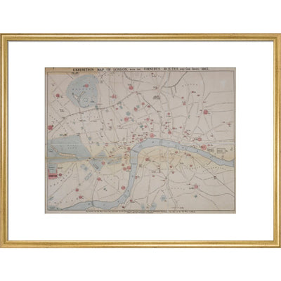 1862 map of London with bus and cab routes print in gold frame