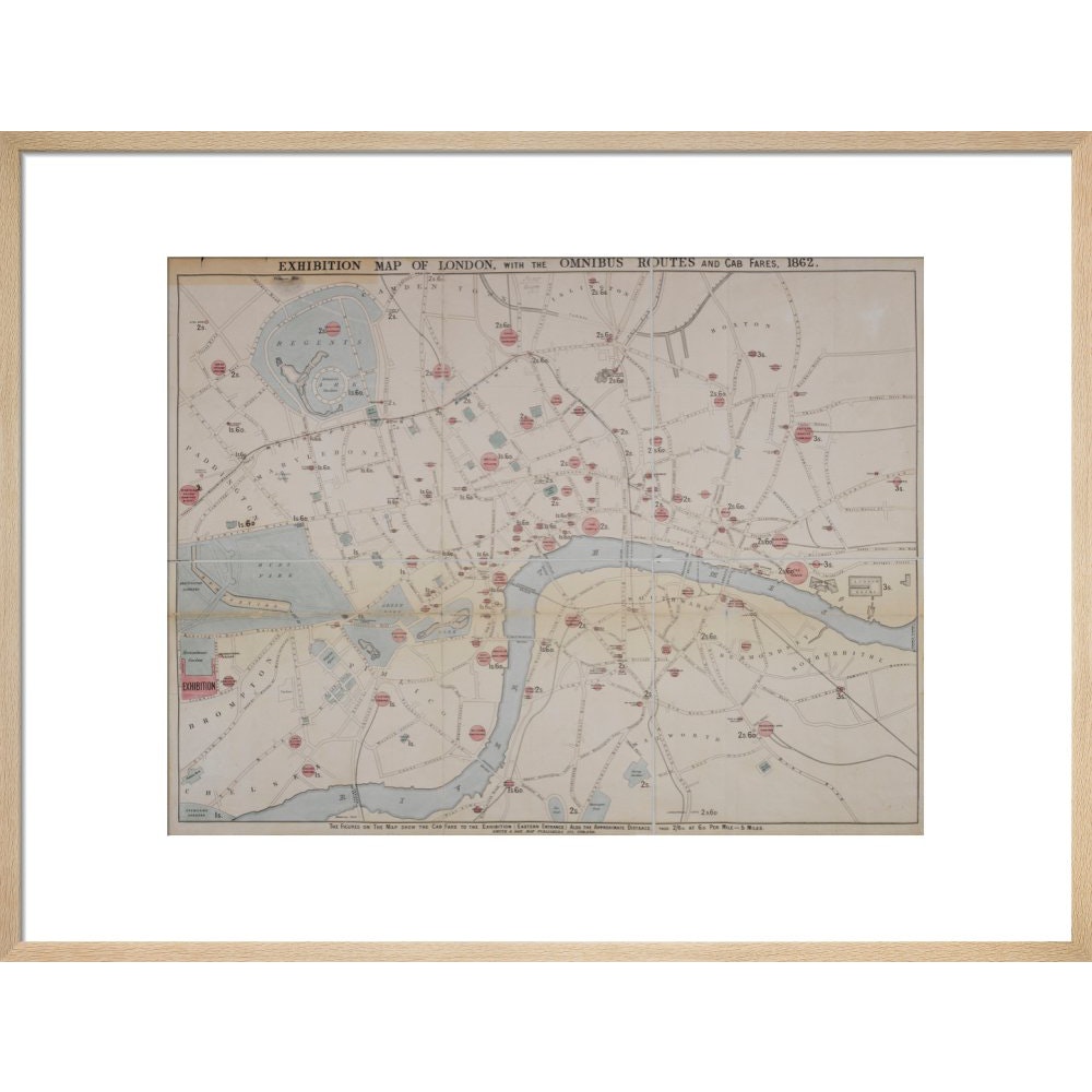 1862 map of London with bus and cab routes print in natural frame
