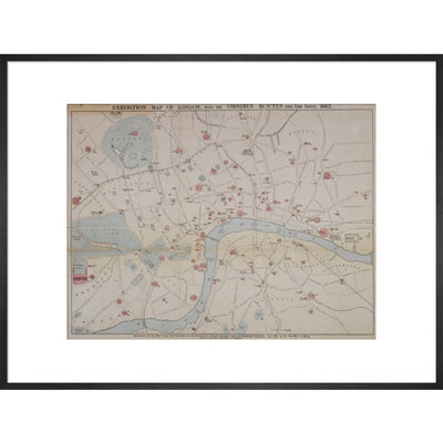 1862 map of London with bus and cab routes print in black frame