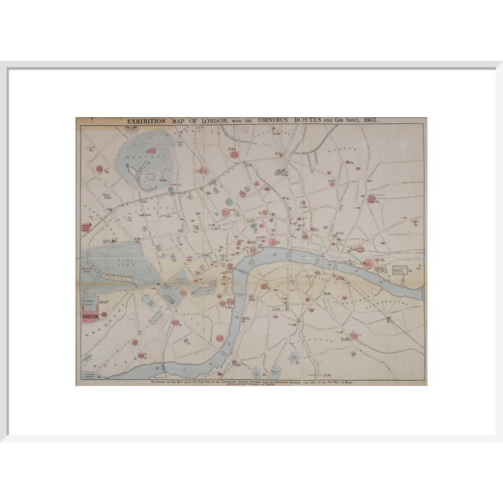 1862 map of London with bus and cab routes print in white frame