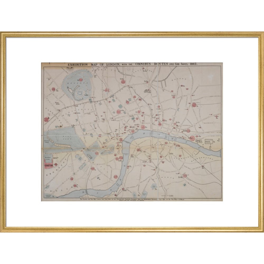 1862 map of London with bus and cab routes print in gold frame