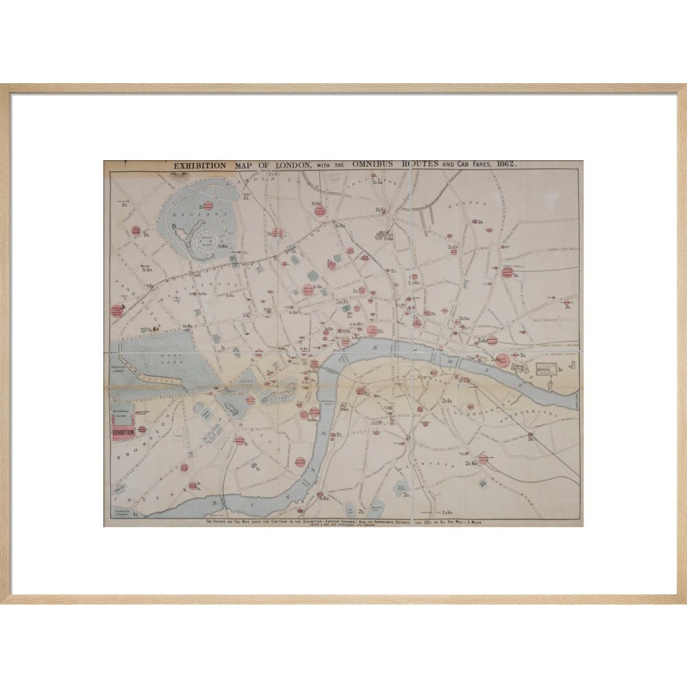 1862 map of London with bus and cab routes print in natural frame