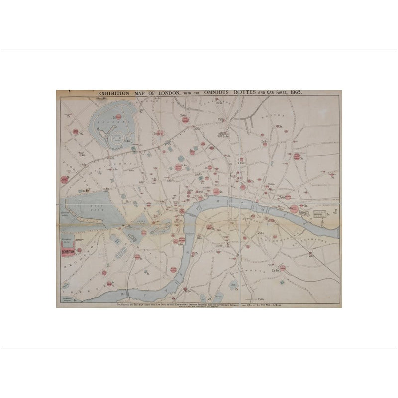 1862 map of London with bus and cab routes print