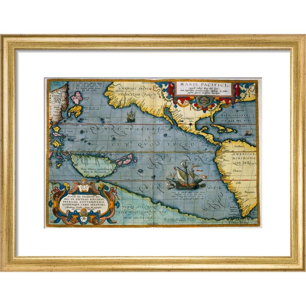 Map of the Pacific Ocean print in gold frame