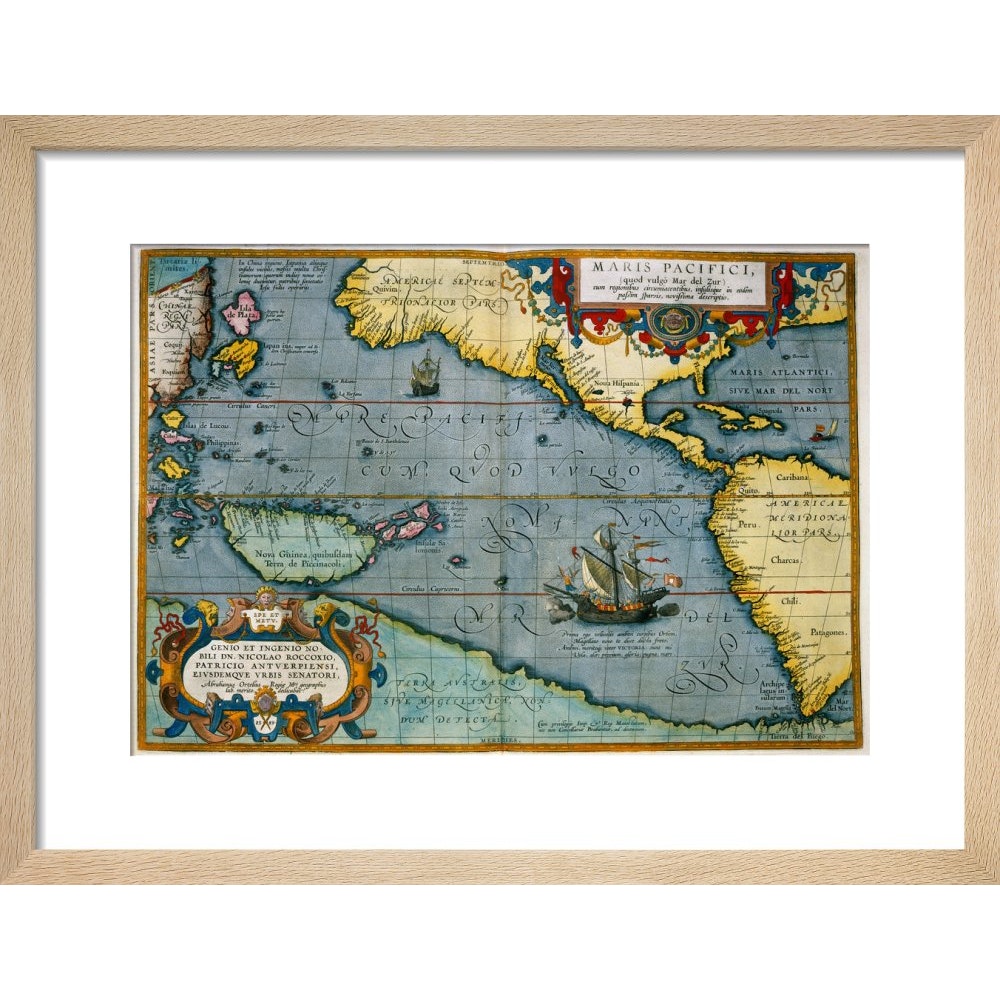 Map of the Pacific Ocean print in natural frame
