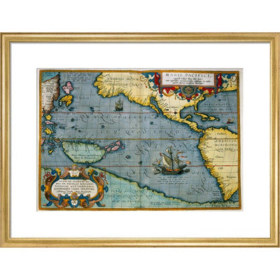 Map of the Pacific Ocean print in gold frame