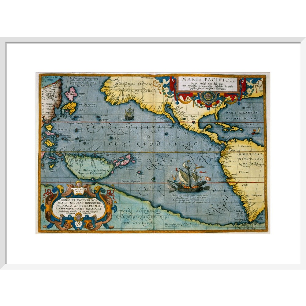 Map of the Pacific Ocean print in white frame