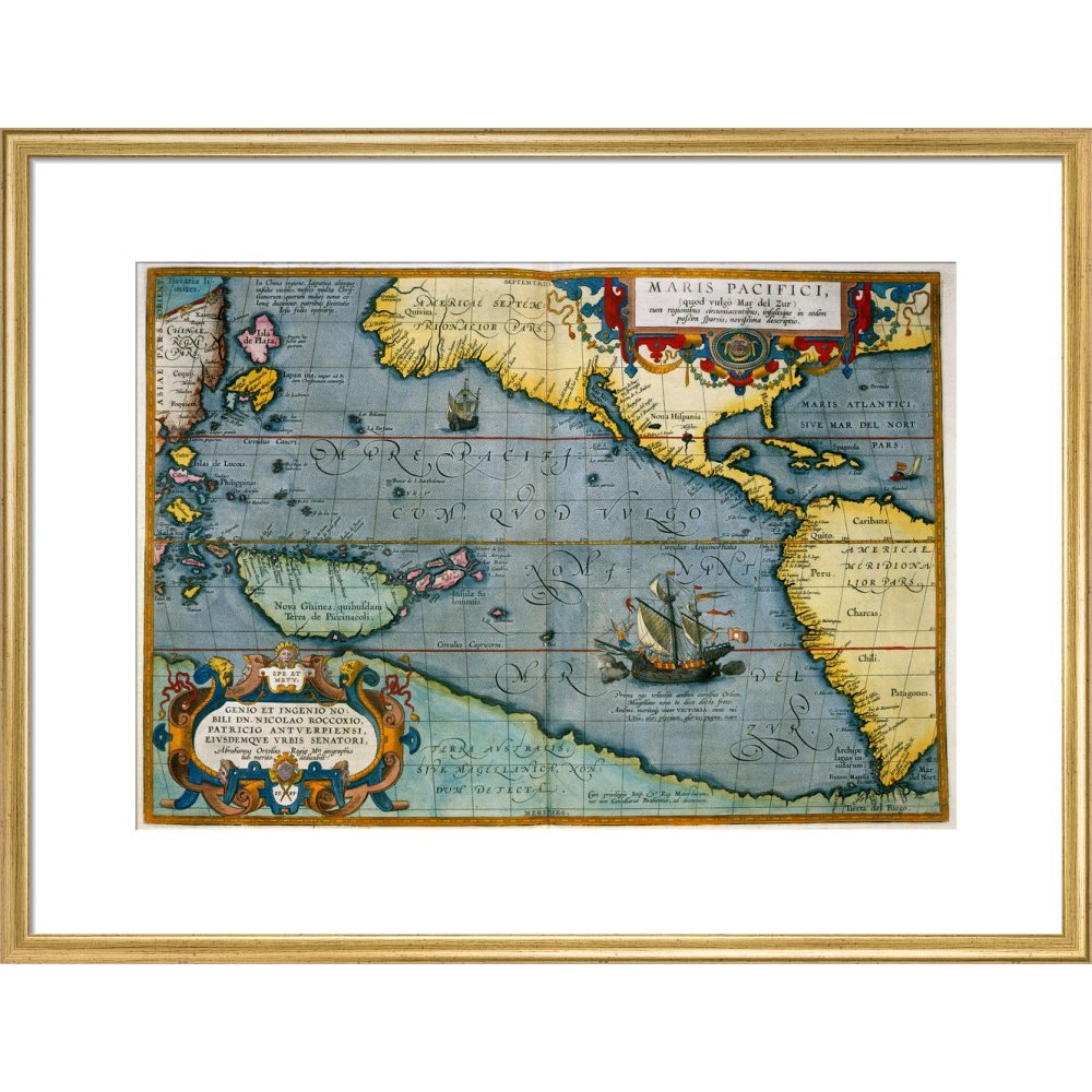 Map of the Pacific Ocean print in gold frame