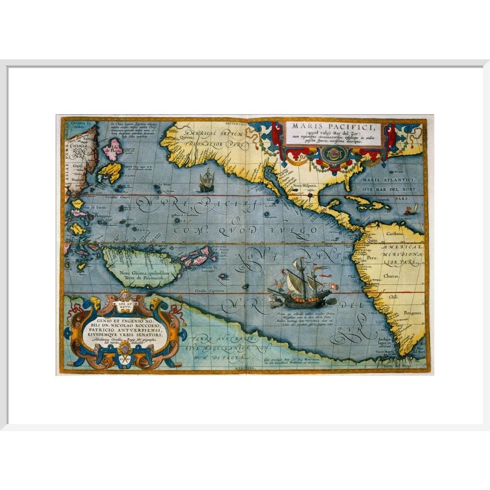 Map of the Pacific Ocean print in white frame