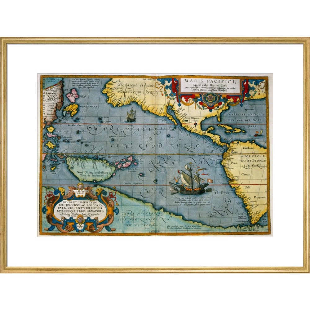 Map of the Pacific Ocean print in gold frame