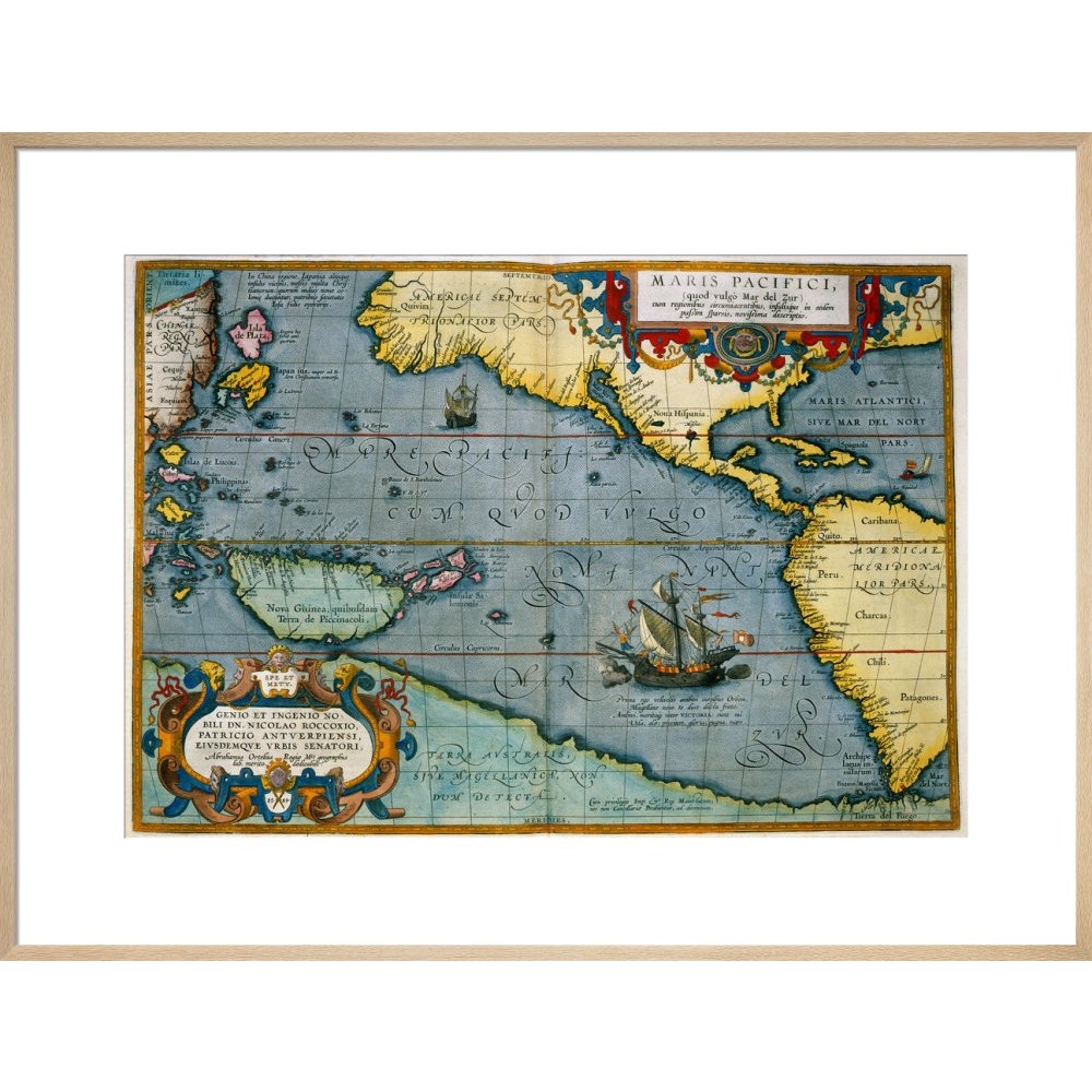 Map of the Pacific Ocean print in natural frame