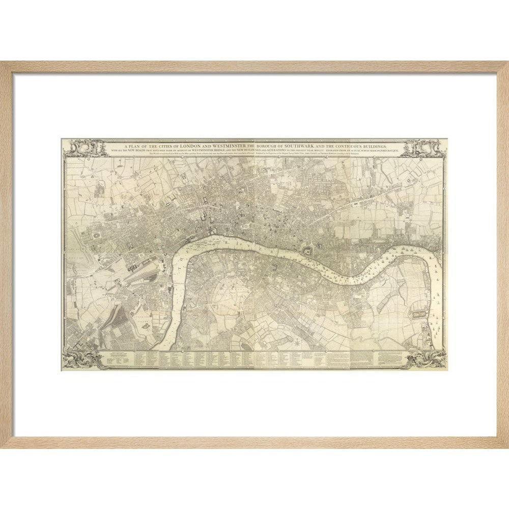 Rocque map of London 1745 print in natural frame