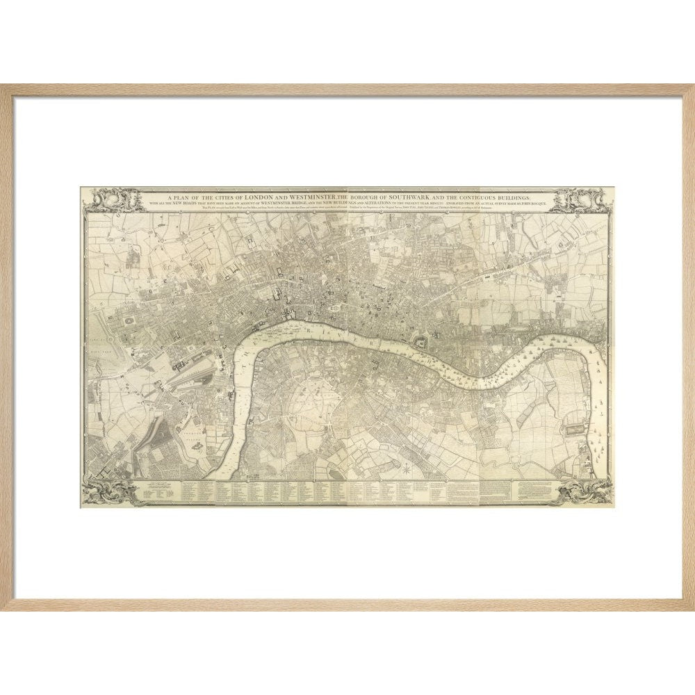 Rocque map of London 1745 print in natural frame