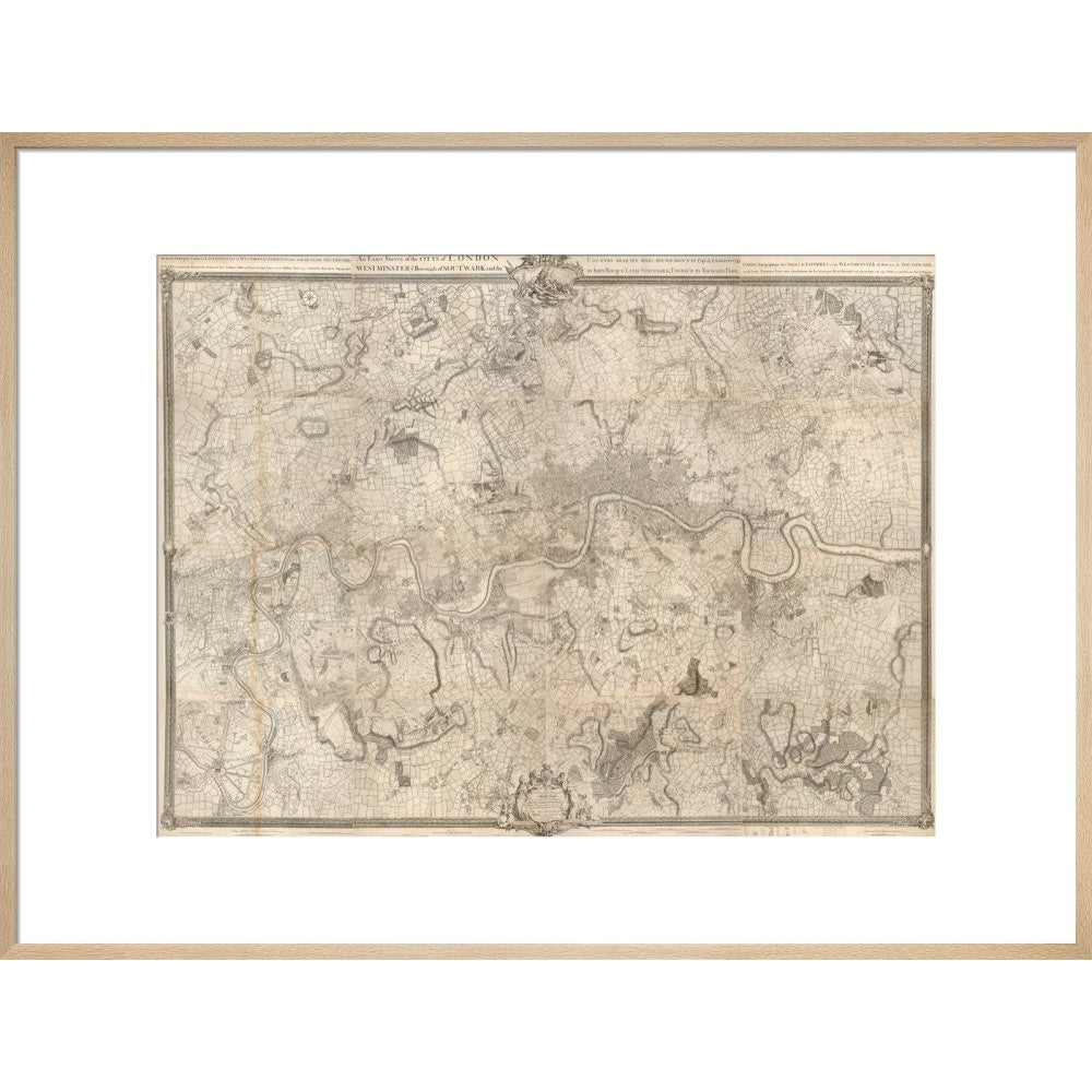 Rocque map of London and Westminster print in natural frame