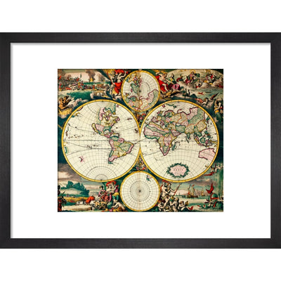 Four Hemisphere World Map print in black frame
