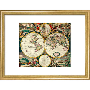 Four Hemisphere World Map print in gold frame