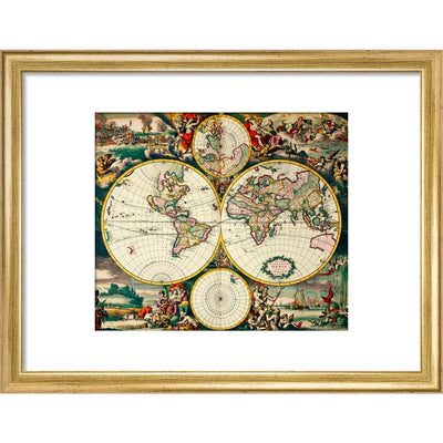 Four Hemisphere World Map print in gold frame