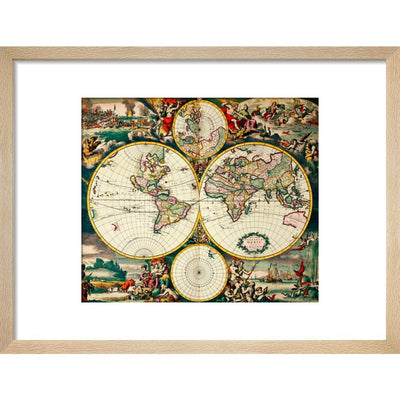 Four Hemisphere World Map print in natural frame