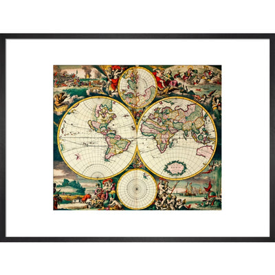 Four Hemisphere World Map print in black frame