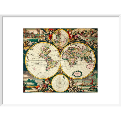 Four Hemisphere World Map print in white frame